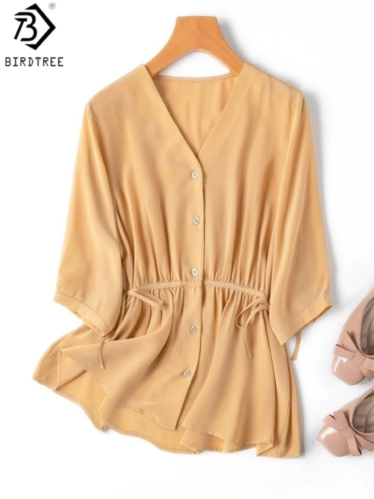 

Birdtree 100% Mulberry Silk Light Orange Shirt,Women Double Crepe Half Sleeves V-neck Blouse With Waist Tie,2025 New T57044JF
