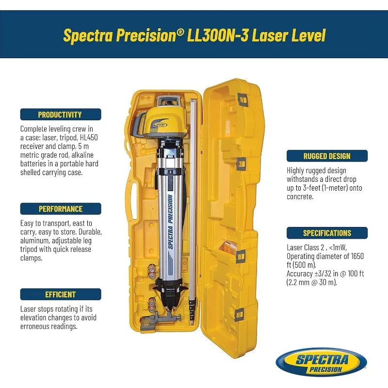 LL300N-3 Laser Level, Self Leveling Kit with HL450 Receiver, Clamp, 4.7 Meter Grade Rod / Metric and Tripod , Black