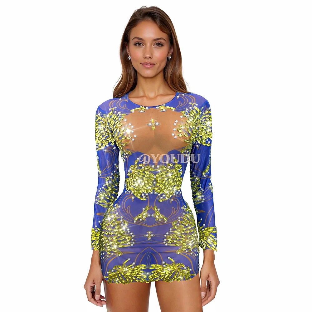 Perfect Figure Prom Rhinestones Pearls Sexy Cultivation Mesh Dress Women Brithday Celebrate Evening Outfit Show Stage Costume