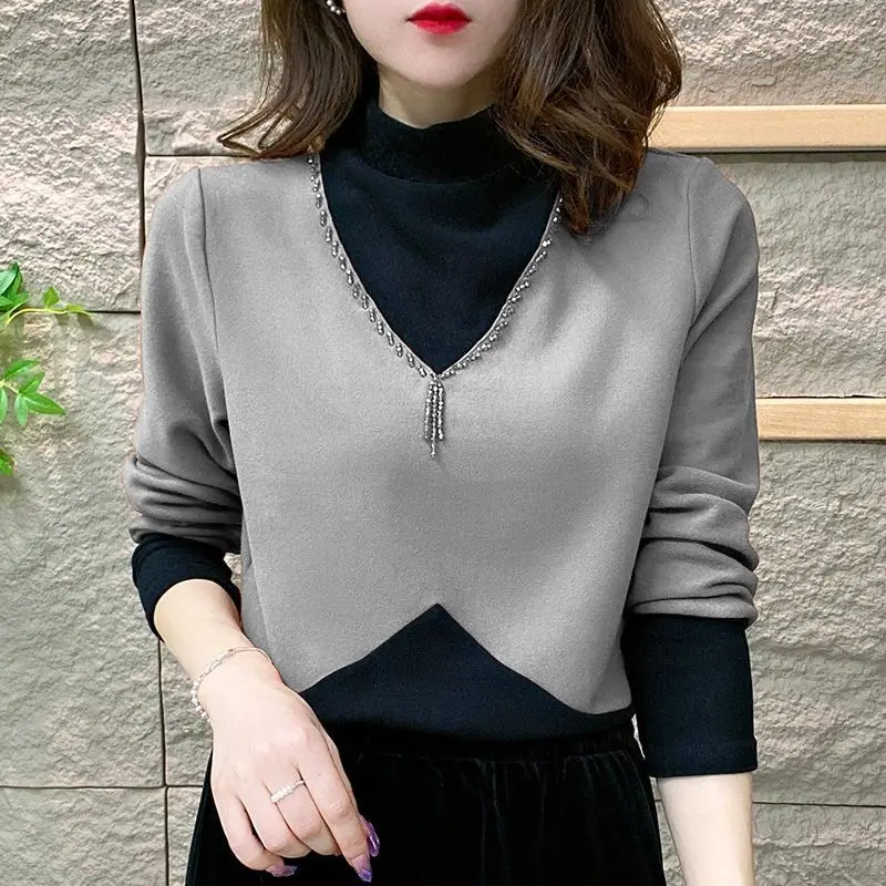 Women Winter New Half High Neck Knitted Sweater with Beaded Contrast Spliced Fake Two Piece German Velvet Warm Long Sleeve Tops