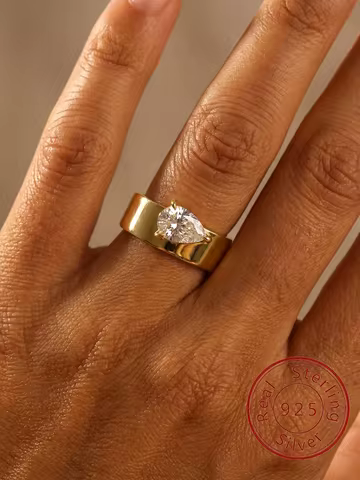 925 Sterling Silver Minimally Designed Water Drop Zircon Wide Ring For Women Engagement Wedding Luxury High Quality Fine Jewelry