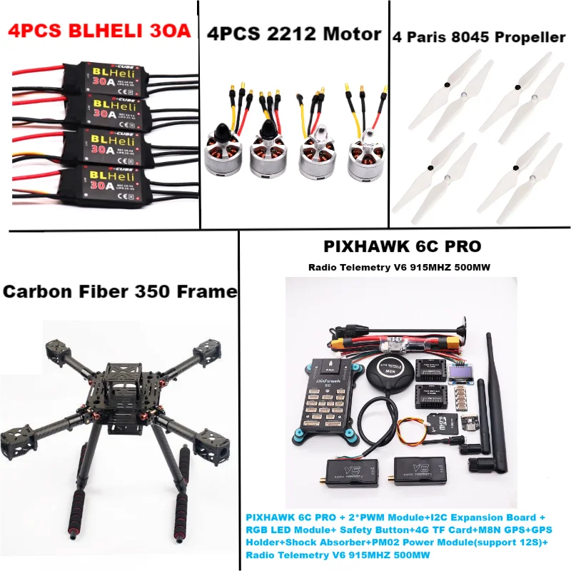 RctoSky Carbon Fiber 350 PIXHAWK 6C PRO M8N KitFlight Control Ardupilot Radio Telemetry Quadcopter BLHELI 30A 2212 Motor ESC