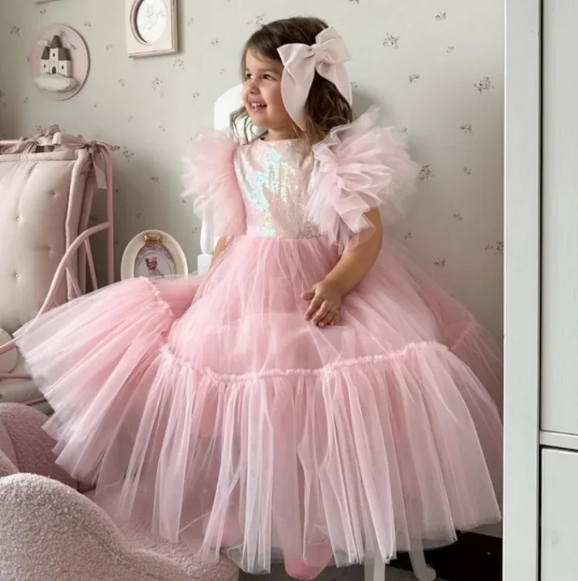 

Sparkly Pink Baby Girl Dress For Birthday Party Gown Puffy Tulle Dress A-Line First Communion Dress Toddler Gowns