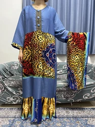 2023 New Africa Women Dashiki Demin Fabric Dress With Scarfs Maxi Lady Robe Loose Long Sleeve Kaftan Vestidos Islamic Clothing