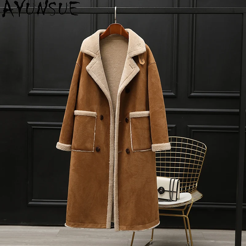 AYUNSUE 100% Wool Coat Women Mid-length Sheep Shearling Jacket Autumn Winter Clothes Пальто Женское Composite Fur Two-way Wear