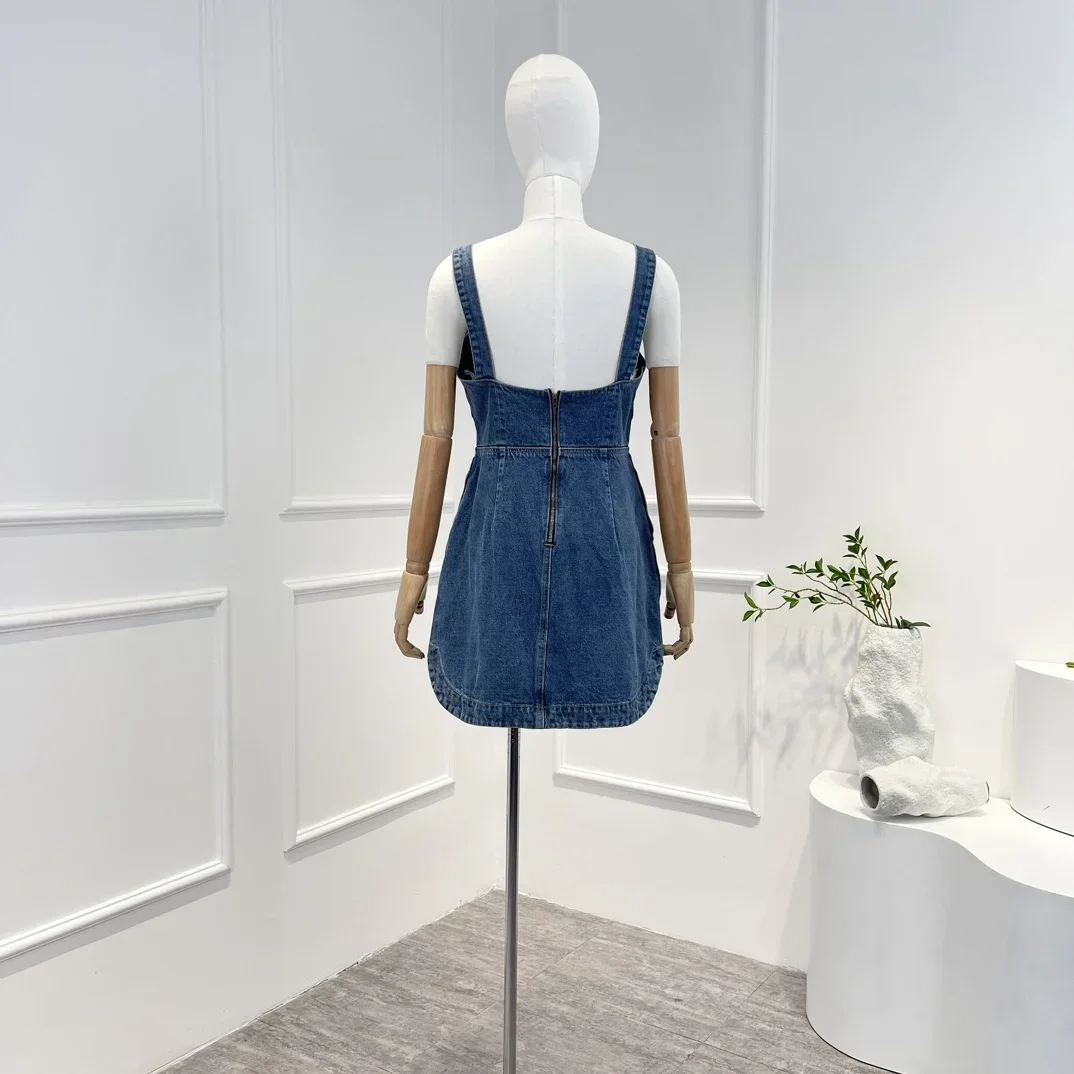 2023 Summer Spring Top Quality Solid Denim Blue Front Bow Vintage Mini Tank Dresses Women