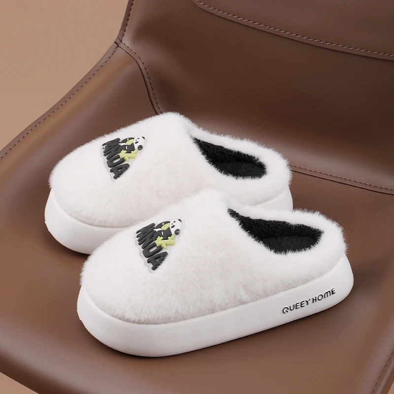 Queey Home Winter Women Thick-Soled Shoes Cute Panda Pattern Creative Non-Slip Solid Color Versatile Indoor Outdoor Slippers Man