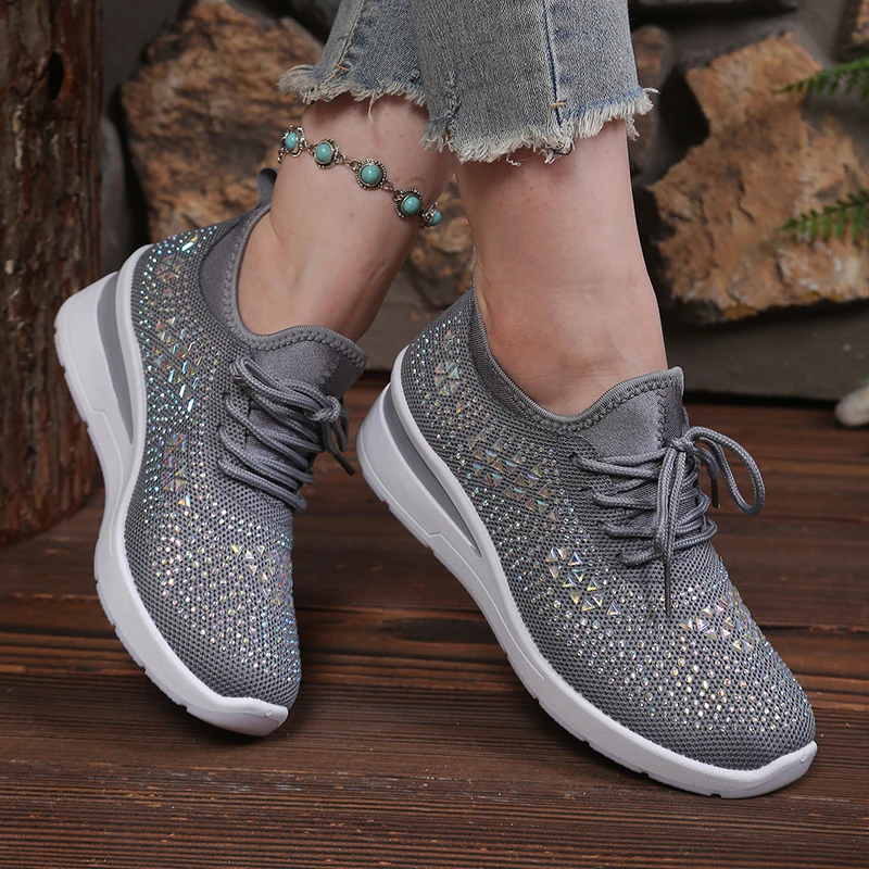 Women's Sparkly Rhinestone Wedge Sneakers Breathable Mesh Lace-Up Casual Walking Footwear image 2