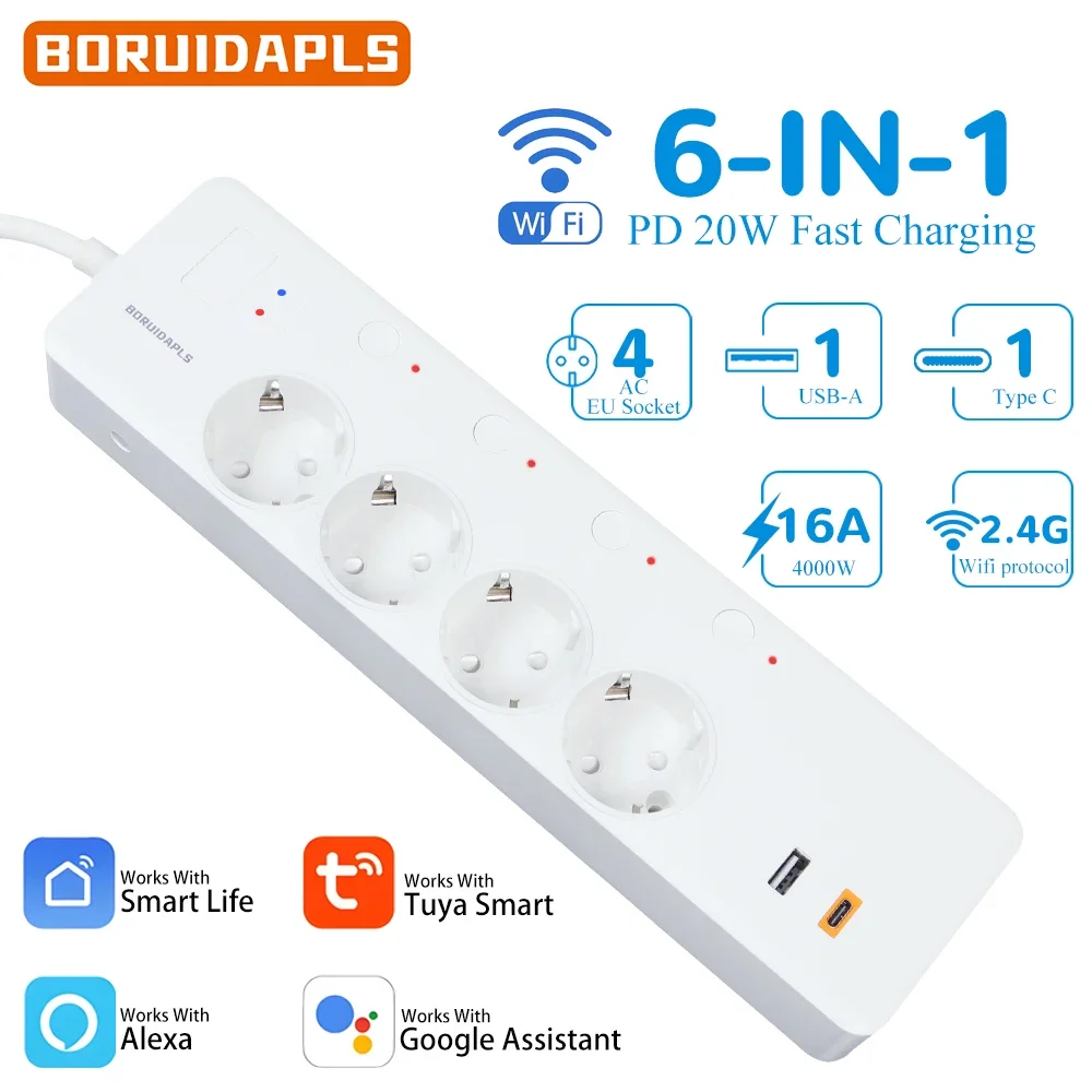 

BORUIDAPLS EU WiFi Smart Power Strip Tuya Alexa Дистанционное голосовое независимое управление USB-A + Type-C Умная розетка для измерения энергосбережения