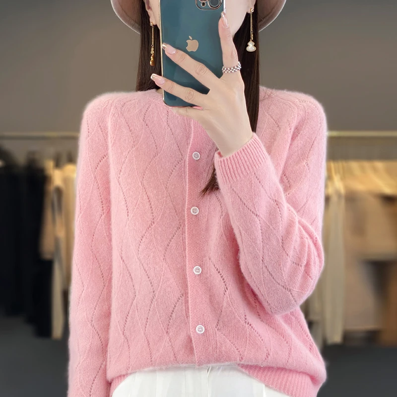 

hot selling women's long sleeved sweater fashionable knitted women's O-neck hollowed out cardigan 100% wool sweater Thin style