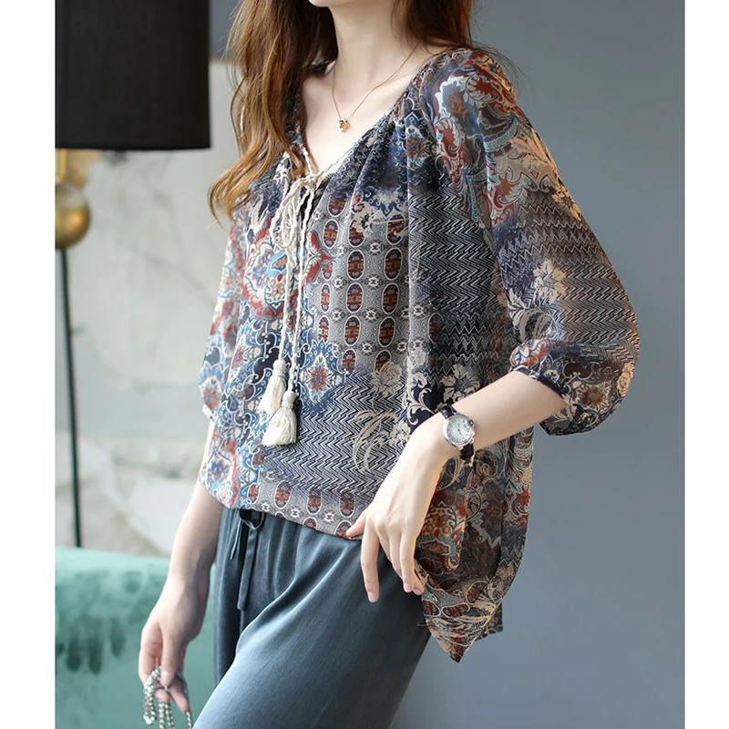 Women Vintage Print Ethnic Style Lace Up Chic Blouse Summer Trendy V-Neck 3/4 Sleeve Loose Shirts Casual Tops Female Blusas Ropa