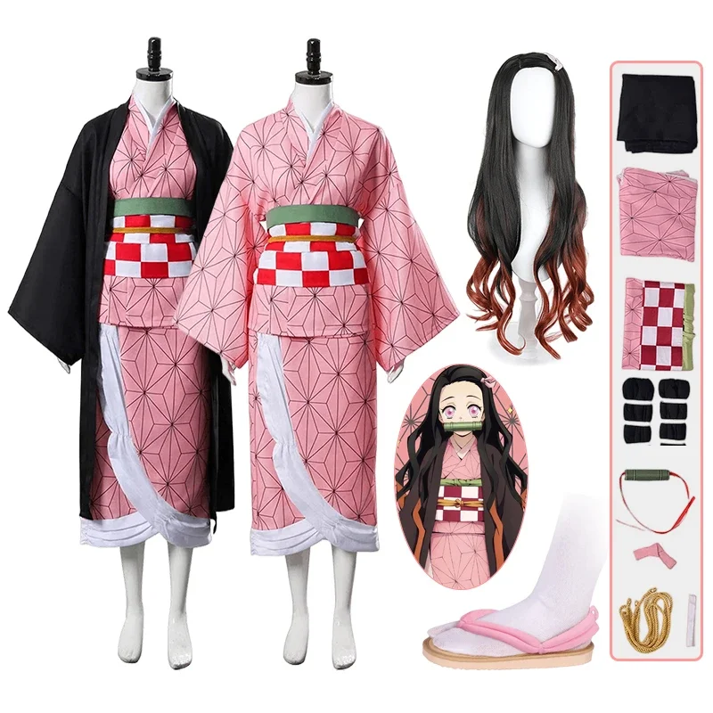 Costume de Cosplay Anime Nezuko Kamado Nezuko, uniforme de perruque Nezuko avec accessoires pour adultes et enfants, Costumes de carnaval d'halloween