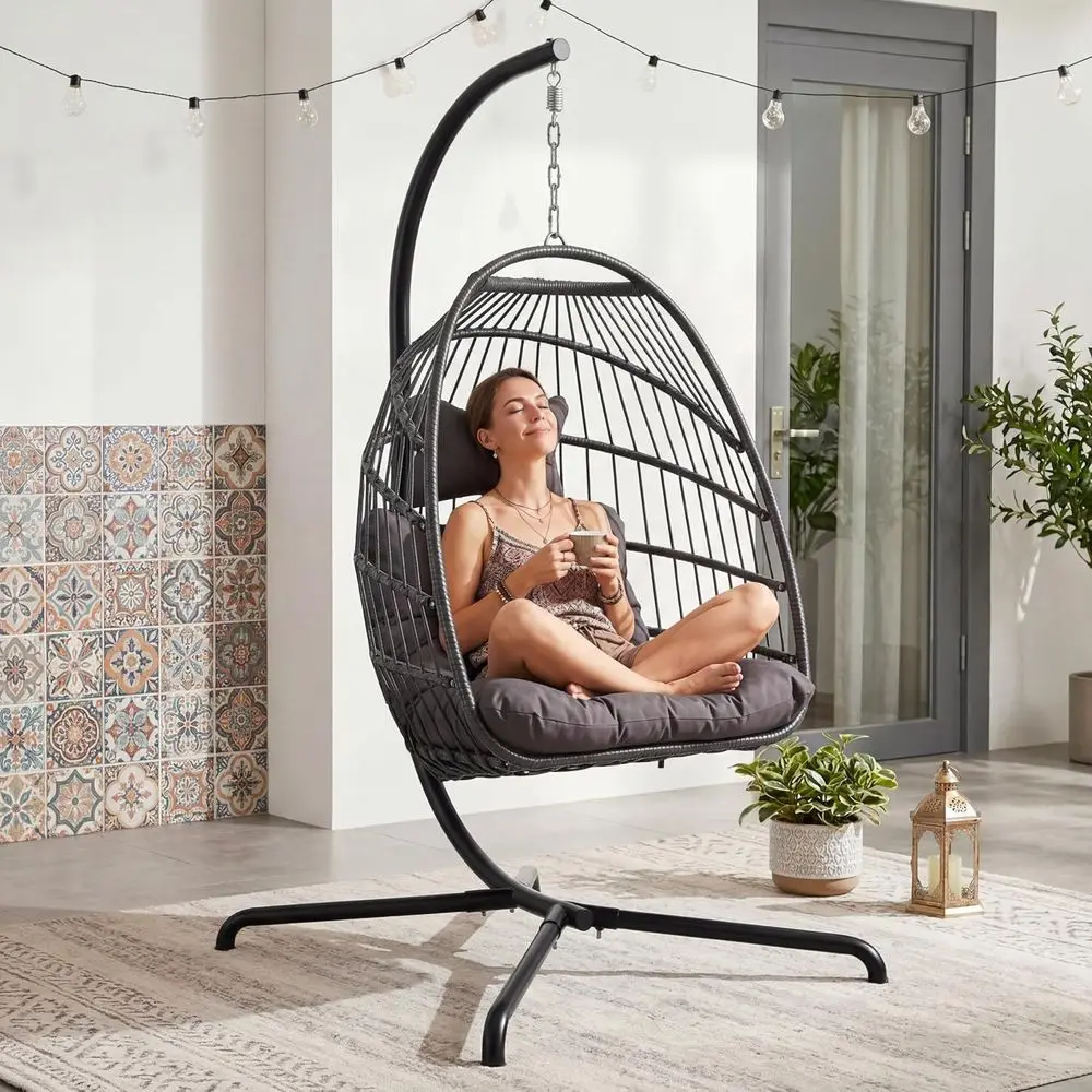 Durable Outdoor Hanging Egg Chair Swing with Cushion, 350 lbs Capacity, Weather-Resistant for Balcony or Deck, Gray - view 3