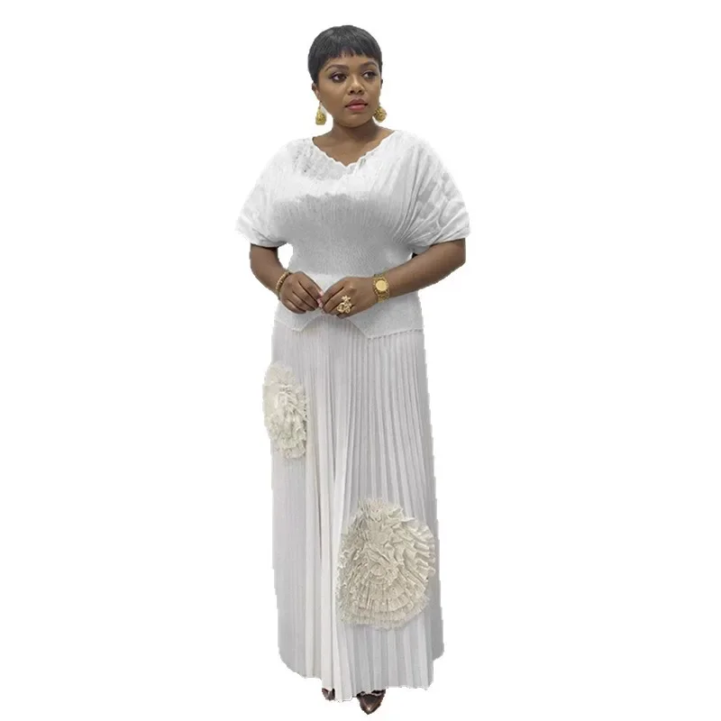 

Gradient Women's Set Short Sleeve V-neck Tops and Pleated Long Skirts Suit Street Two 2 Piece Dress Set African Outfits