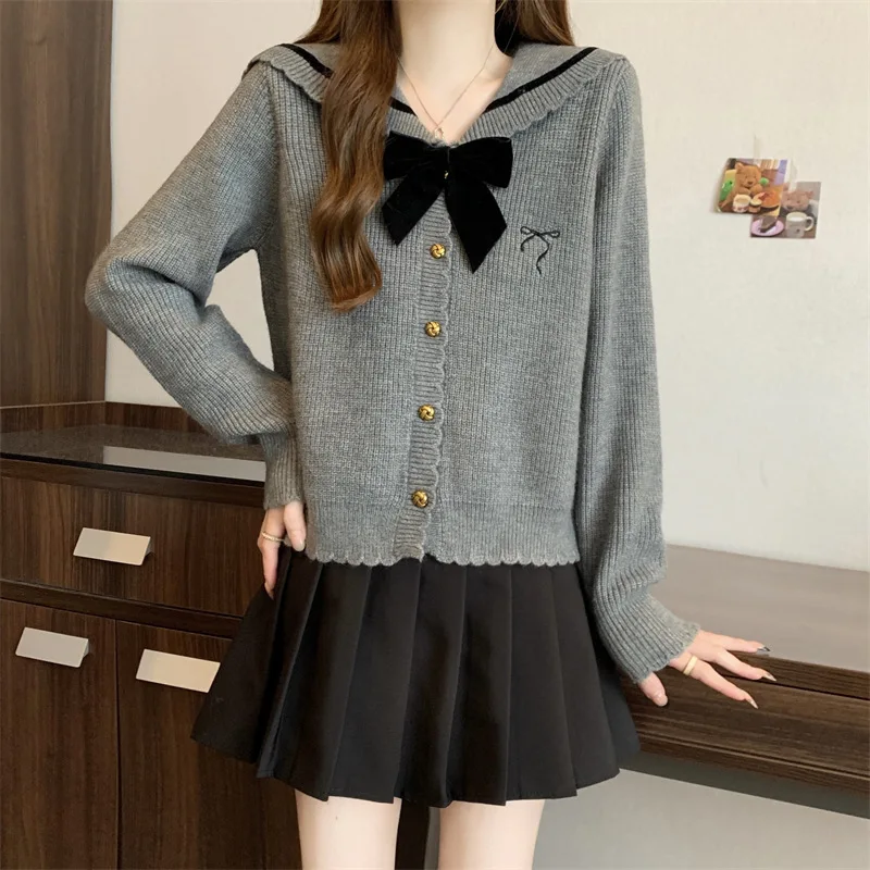 Doce camisola de malha cardigan casaco gola marinha nó macio plus size faculdade sle primavera outono thiened cordeiro veludo