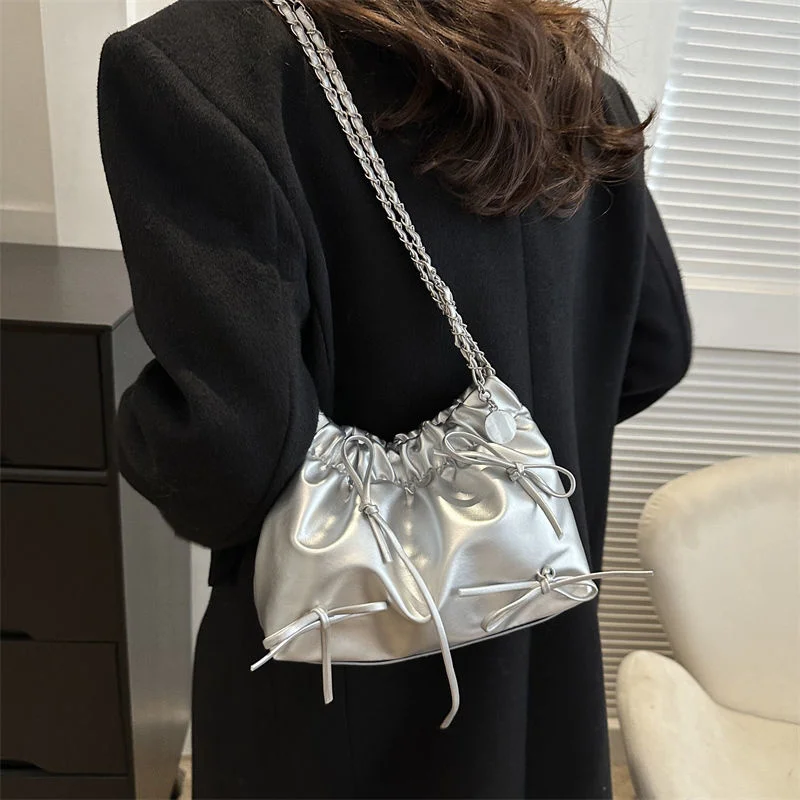 Cute Small Bow Tie Design Crossbody Bags For Women Silver Handbags PU Leather Pleated Bag Casual Plain Handbag