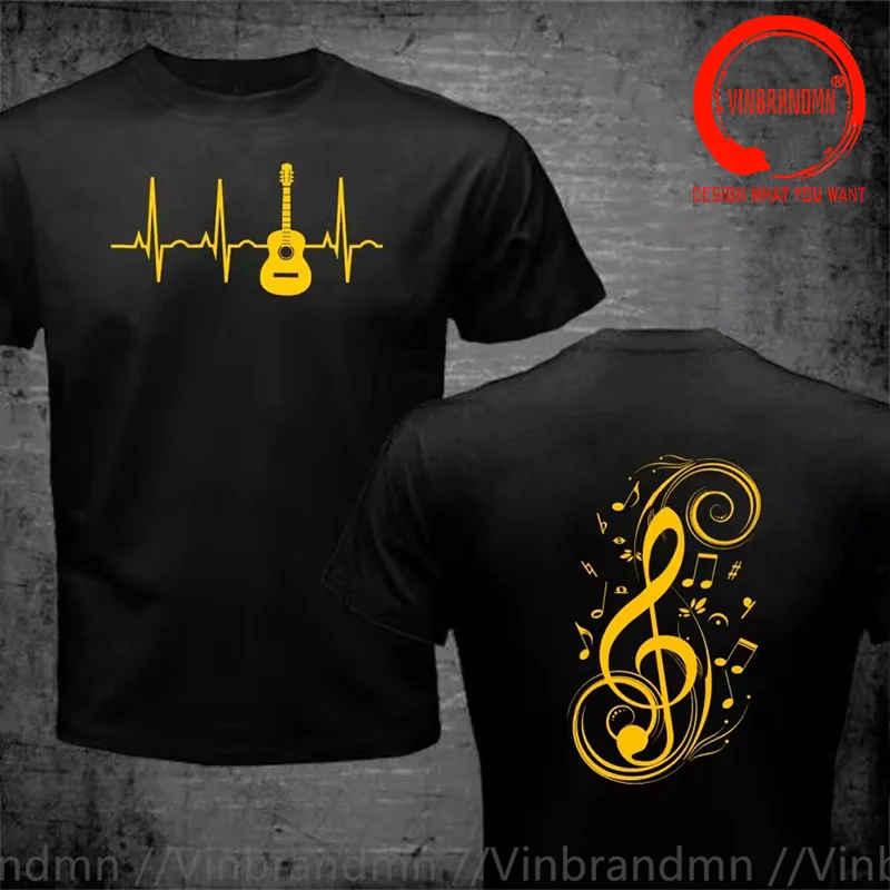 Classic Design Acoustic Guitar Heartbeat Guitar Musician Music Notes Doublet Men Fashion Trendy Casual Clothing Stylish Tops Tee
