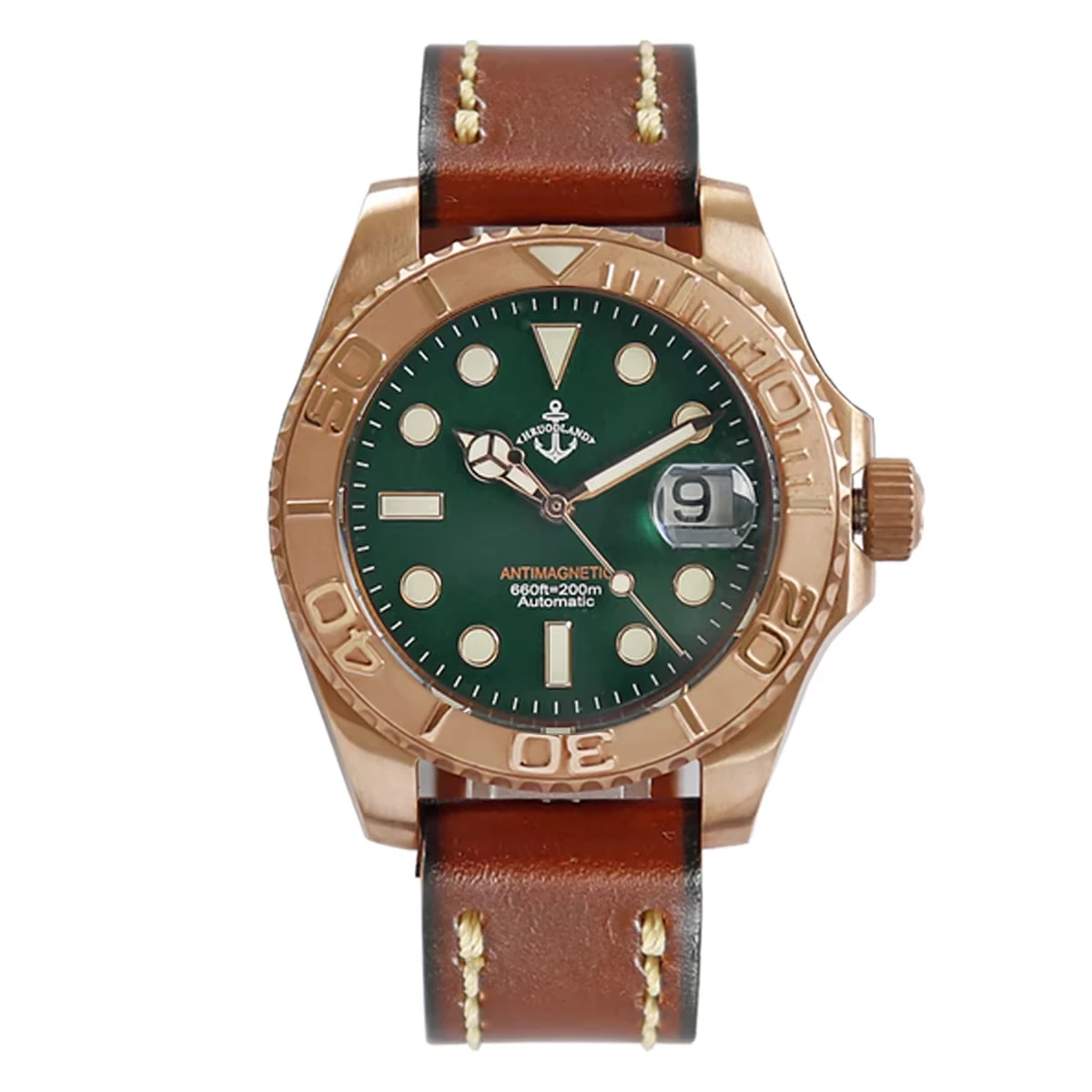 Hruodland Solid Bronze Men Watches 200m Waterproof Sapphire Crystal Brown Leather Strap Classic Automatic Mechanical Wristwatch