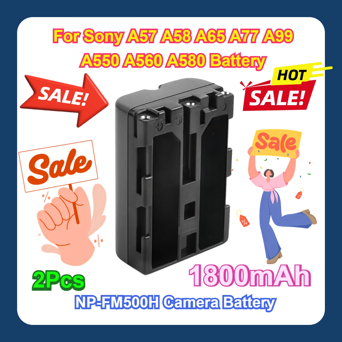 

2Pcs For Sony A57 A58 A65 A77 A99 A550 A560 A580 Battery L50 1800mAh NP-FM500H NP FM500H NPFM500H Camera Battery