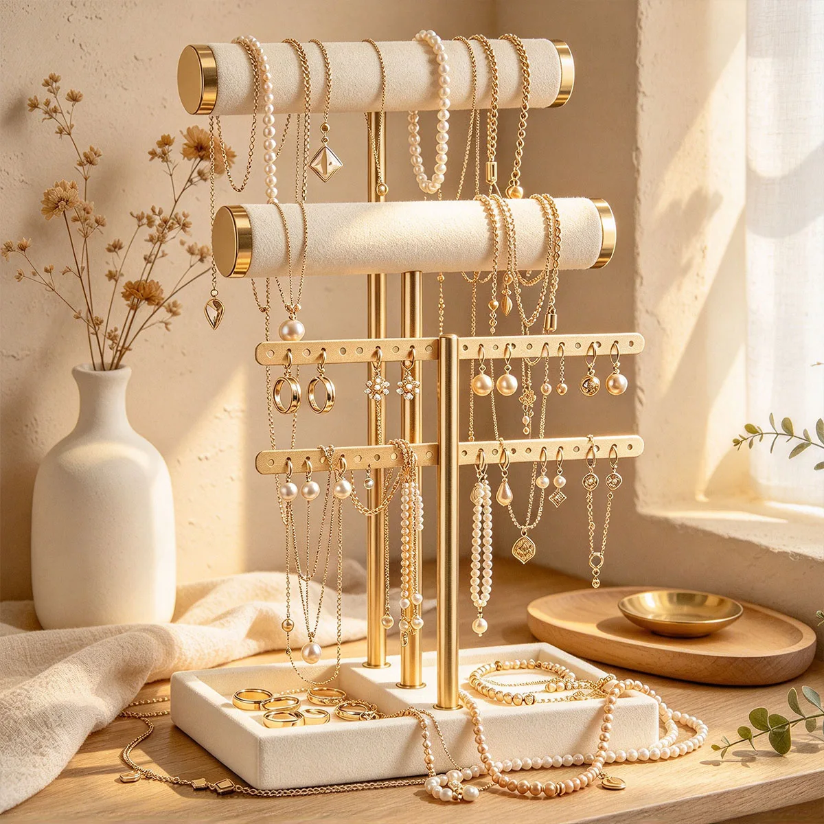 Ein luxuriöses Schmuckaufbewahrungsregal in Schwarz-Gold-Farbschema, mit mehreren Ebenen zur geordneten Anordnung von Schmuck.