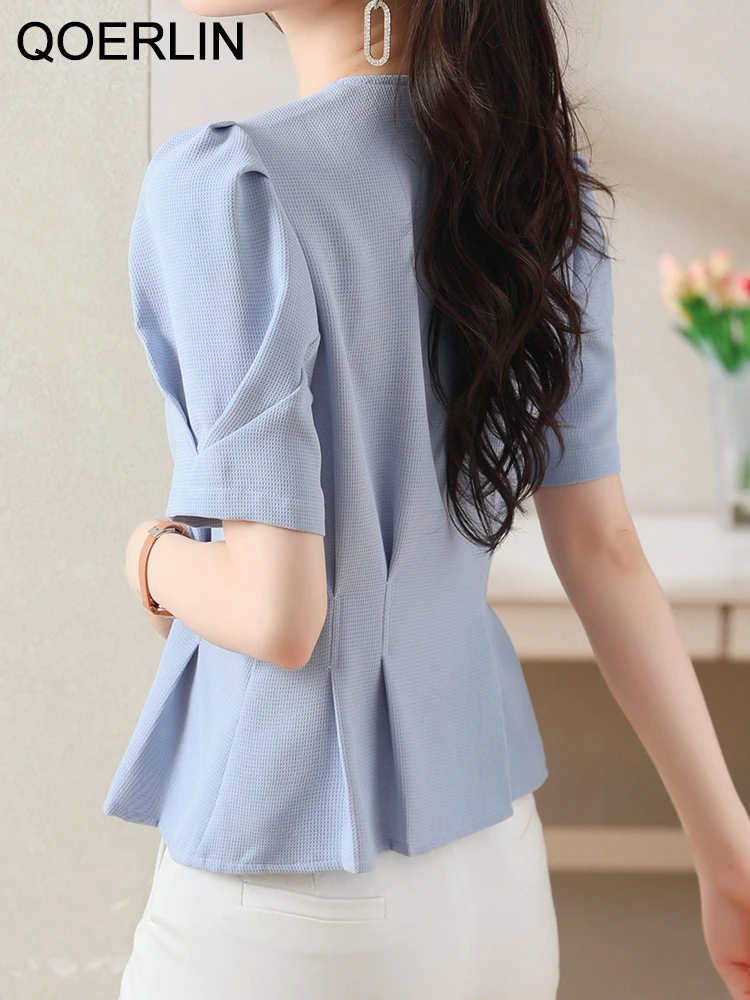 QOERLIN Single-Breasted V Neck Short Sleeve White Shirts Women Elegant Office Ladies Slim Waist Workwear Chiffon Blouse S-XXL