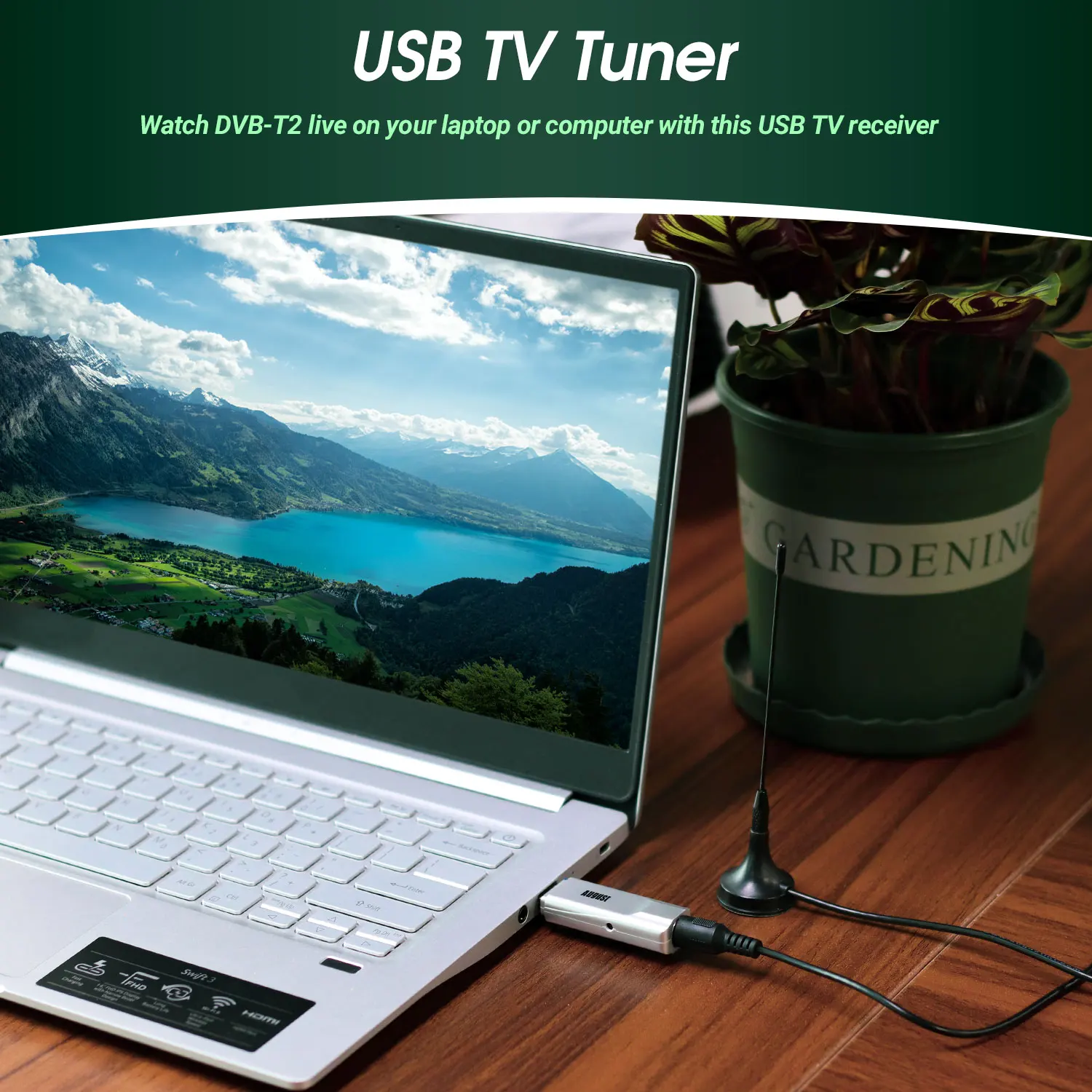 August DVB-T210 USB2.0 Freeview HD TV Tuner Watch Digital DVB-T/DVB-T2 Television in Full HD on PC/Laptop