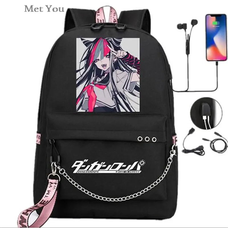 Danganronpa Bear Anime USB Backpack Bag Casual School Book Black Bag Mochila Travel Bags Laptop Chain Bag W/ Headphone USB Port