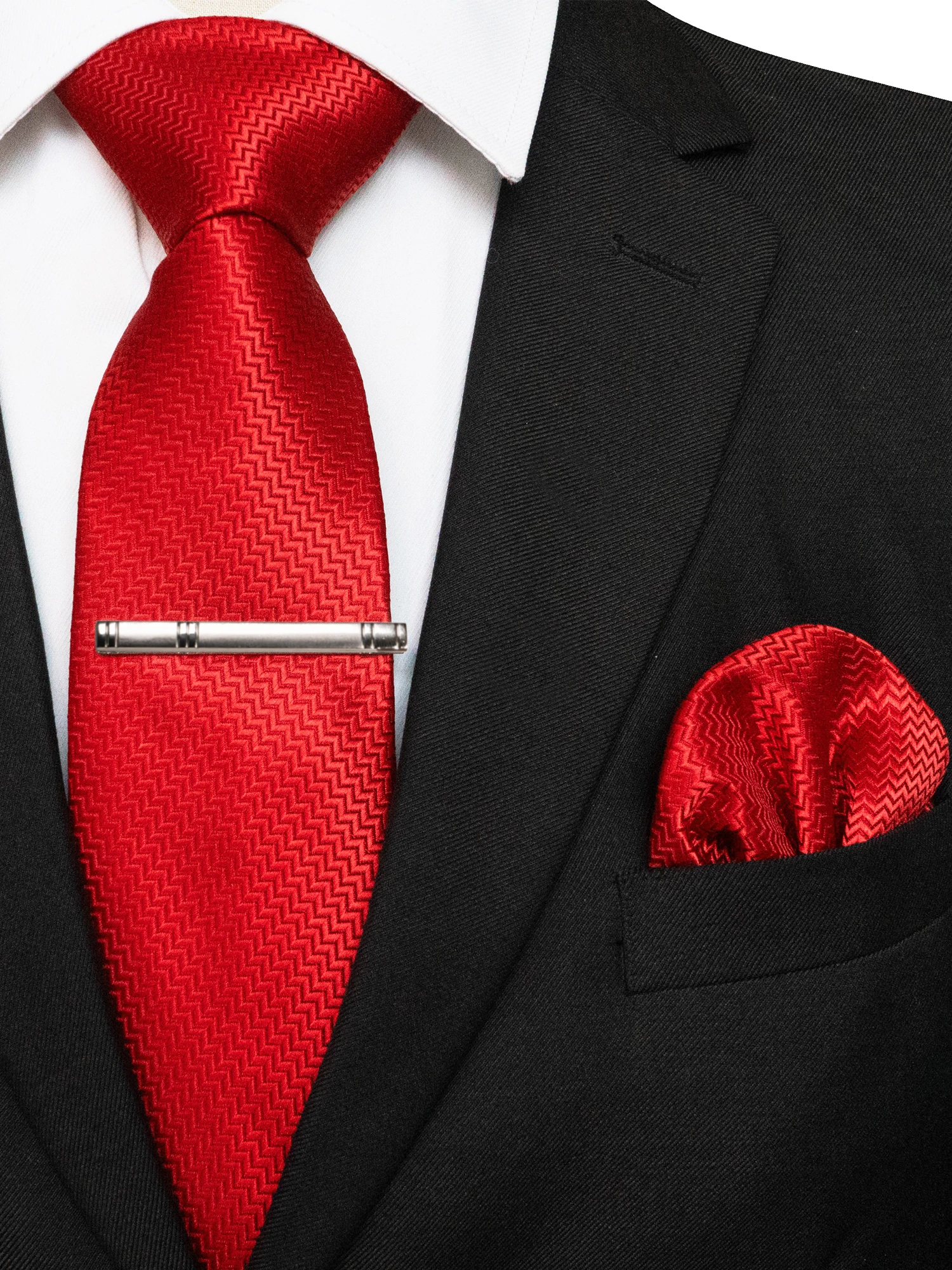 KAMBERFT Klassische Herrenkrawatte mit Krawattenklammer und Einstecktuch, 3-teiliges Set für Büro, Hochzeit, Party – Detail 7