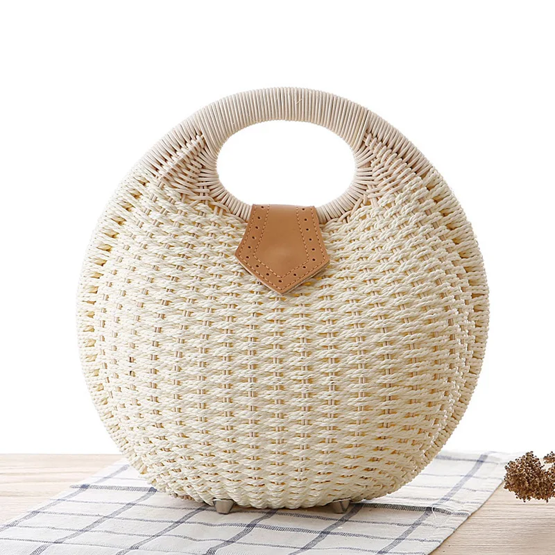 Fashion Rattan Women Handbags Round Shell Shaped Straw Hand Bags Handmade Weave Summer Beach Bag Cute Small Purses for Vacation