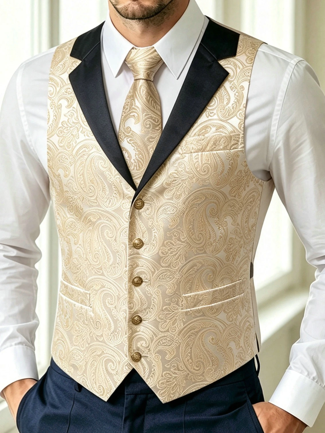 VERVEROW Men's Fashion Red Jacquard Paisley Vest Notched Lapel Collar Waistcoat Bowtie Set Formal Wedding Party Tuxedo