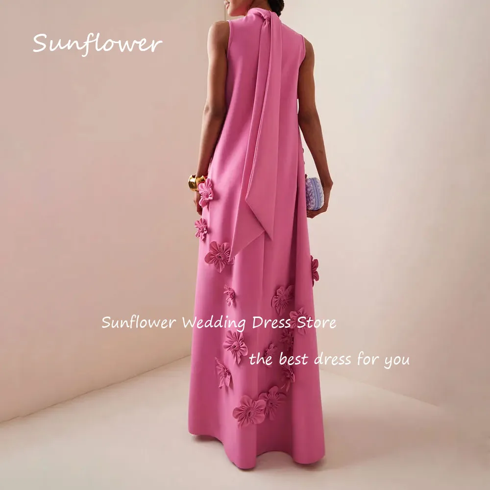 Sunflower Crepe A-line High neck 3D Flowers Saudi Elegant Prom Gown Ankle Length Formal Evening Party Dresses for Women 2024