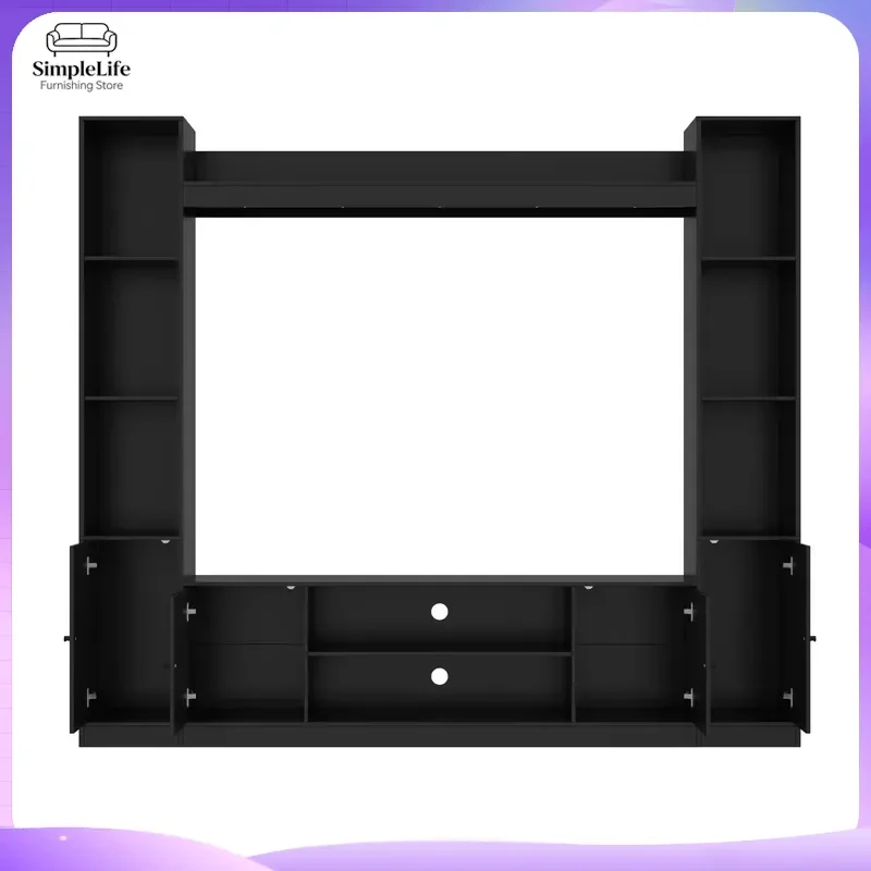 Modern Wall Unit TV Stand with 4 Doors 4 Cabinets and Open Shelves Media Console Entertainment Center for Living Room Black