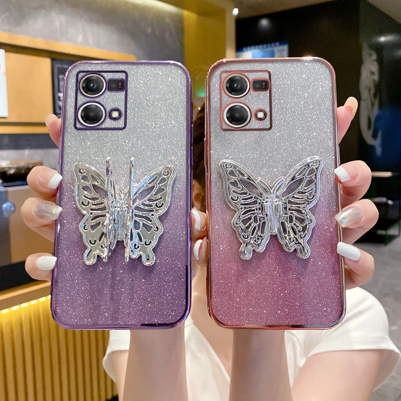 reno7pro Butterfly Luxury Bling Gilitter Phone Holder Case For Oppo Reno 7 9 8 10 6 Pro Plus 8T 5k 6Z 4 3 2 7SE 2z 4G 5G Cover