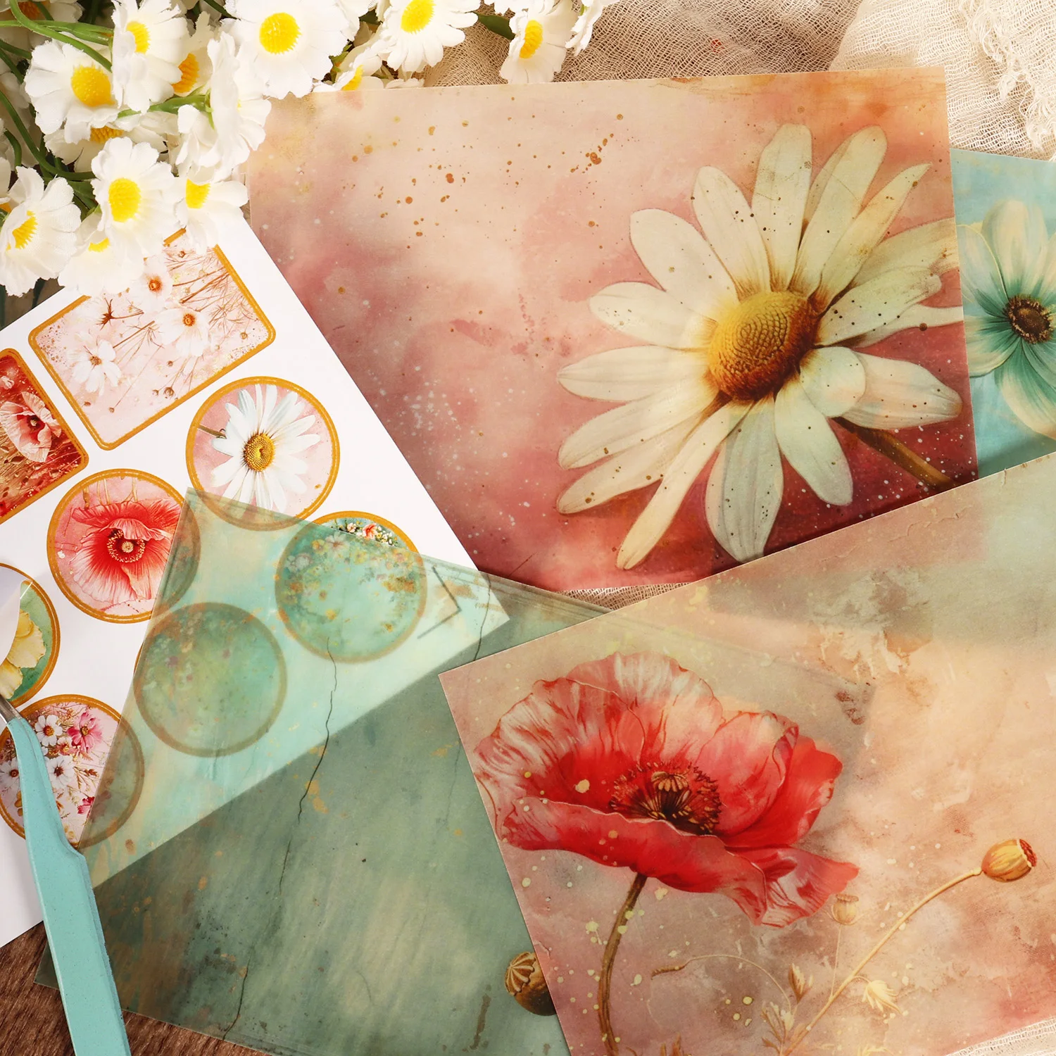 16 ورقة، 8 ورق حمض الكبريتيك الشفاف، 46 ملصقًا من ورق ديكور مجلة غير المرغوب فيه على شكل زهرة برية، للحرف اليدوية الفنية، سكرابوكينغ #5