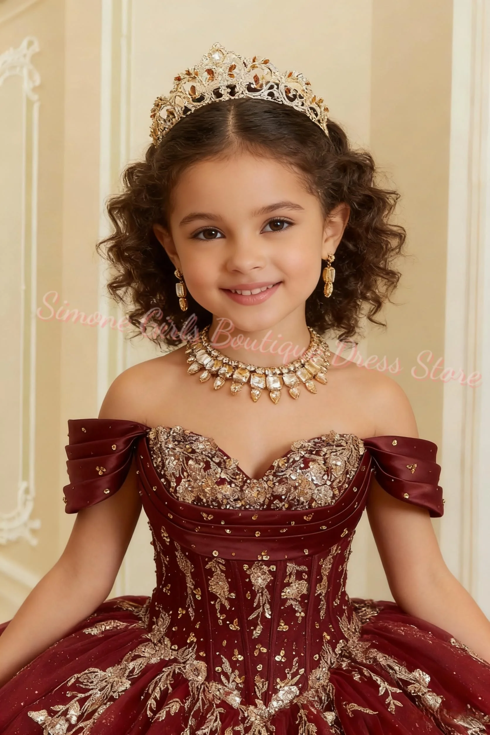 Hochwertiges Gold-Applikations-Blumenmädchenkleid mit Falten, Perlenbesetztes Mädchen-Ballkleid mit Schleife, Schulterfreies Festkleid für Mädchen