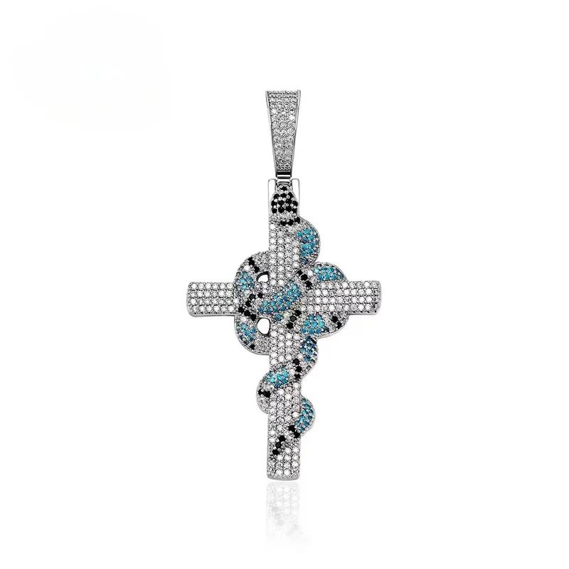 Men Iced Out Snake Wrapped Cross Pendant Blue Zircon Hip Hop Bling Statement Necklace Premium Luxury Perfect Gift Jewelry