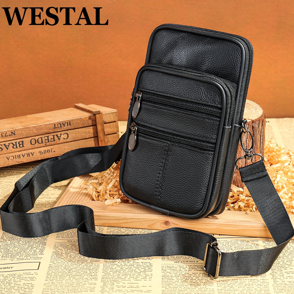 WESTAL-Bolso de hombro pequeño de cuero genuino para hombre, bandolera de cuero negro para teléfono, 3013