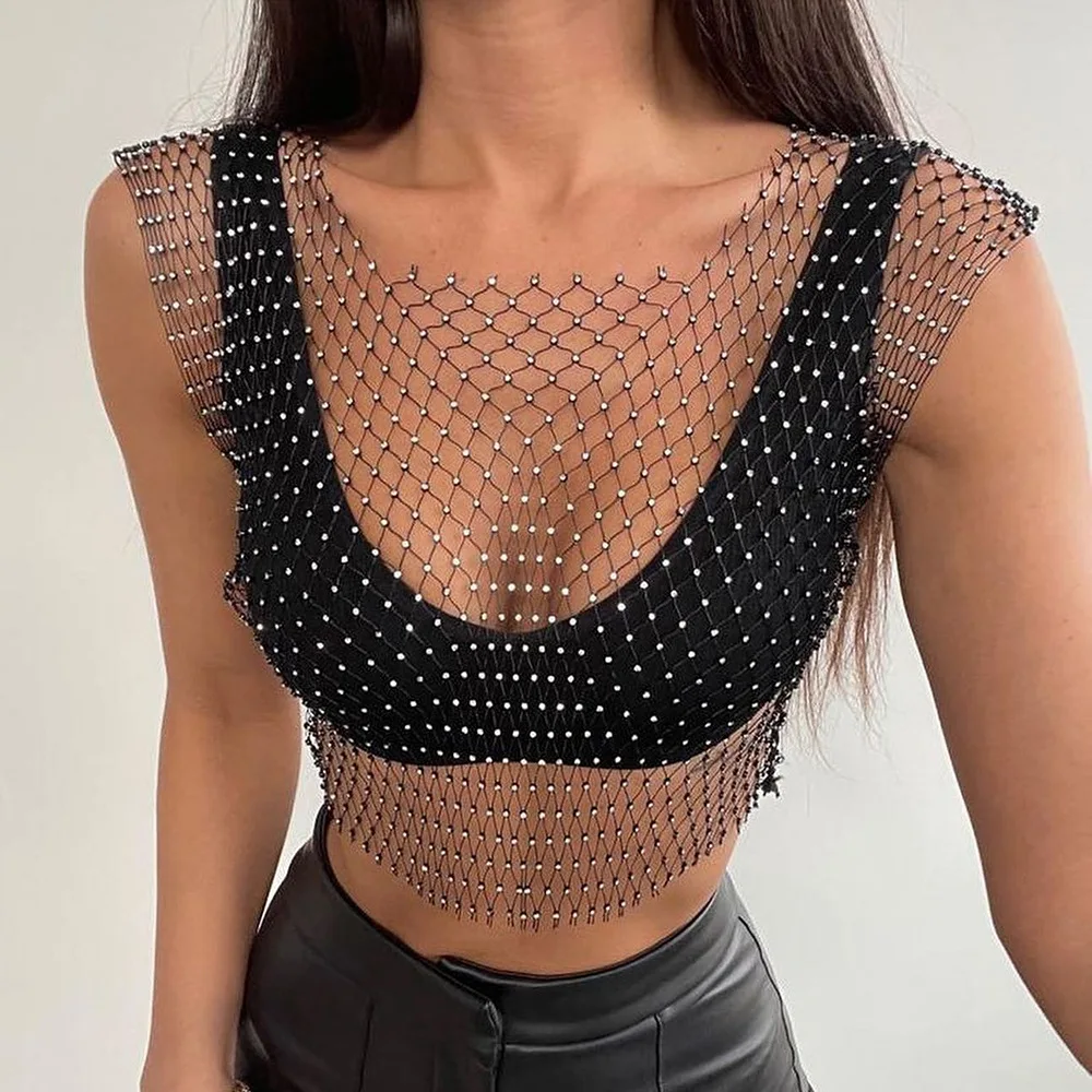 

y2k Sexy Mesh Crop Tops for Women 2025 Summer Rhinestones Fashion Party See Through Fishnet Tank Hollow Out Backless Top New