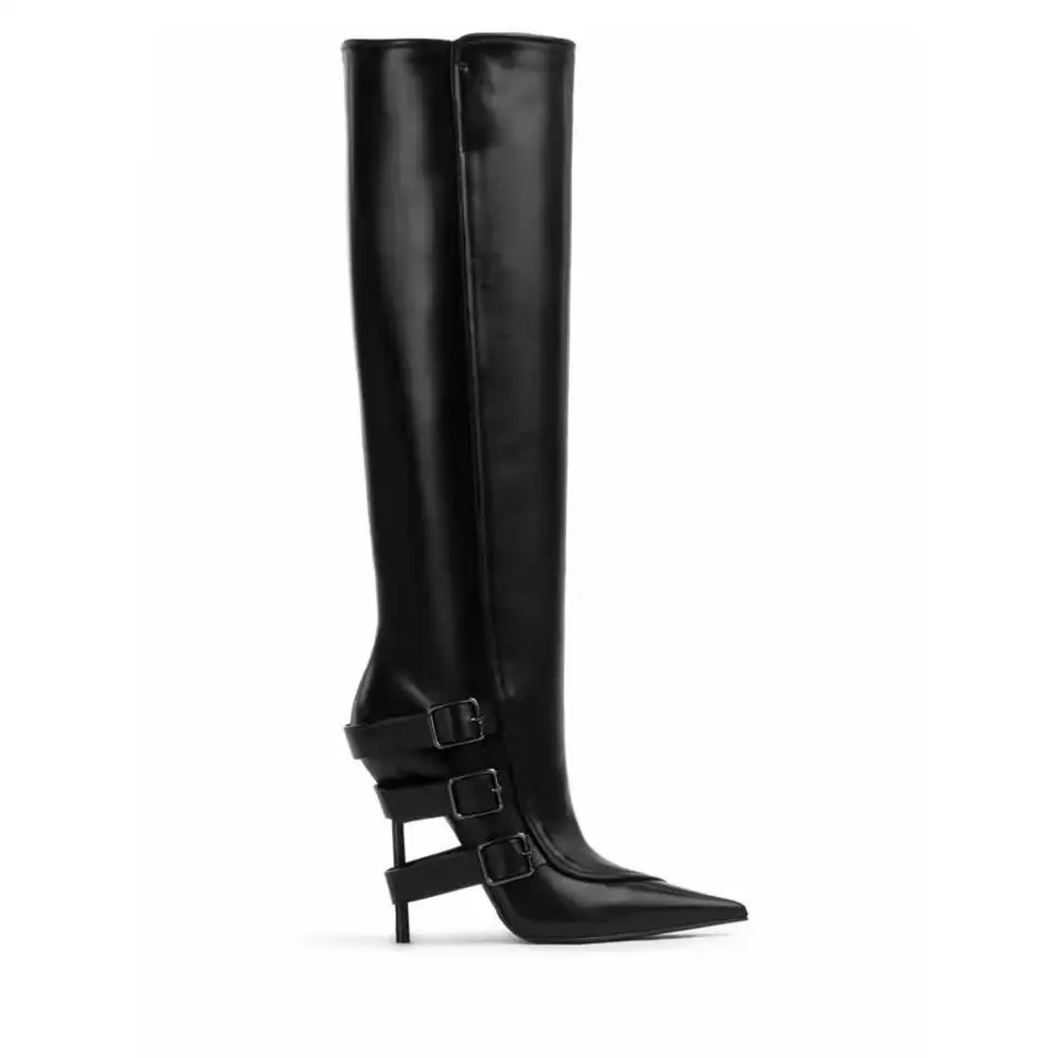 

Long Boots for Women Slim Heels, Pointed Toes High Boots Small Stature Slim Appearance, Belt Buckle, Plus Size Fashion Boots