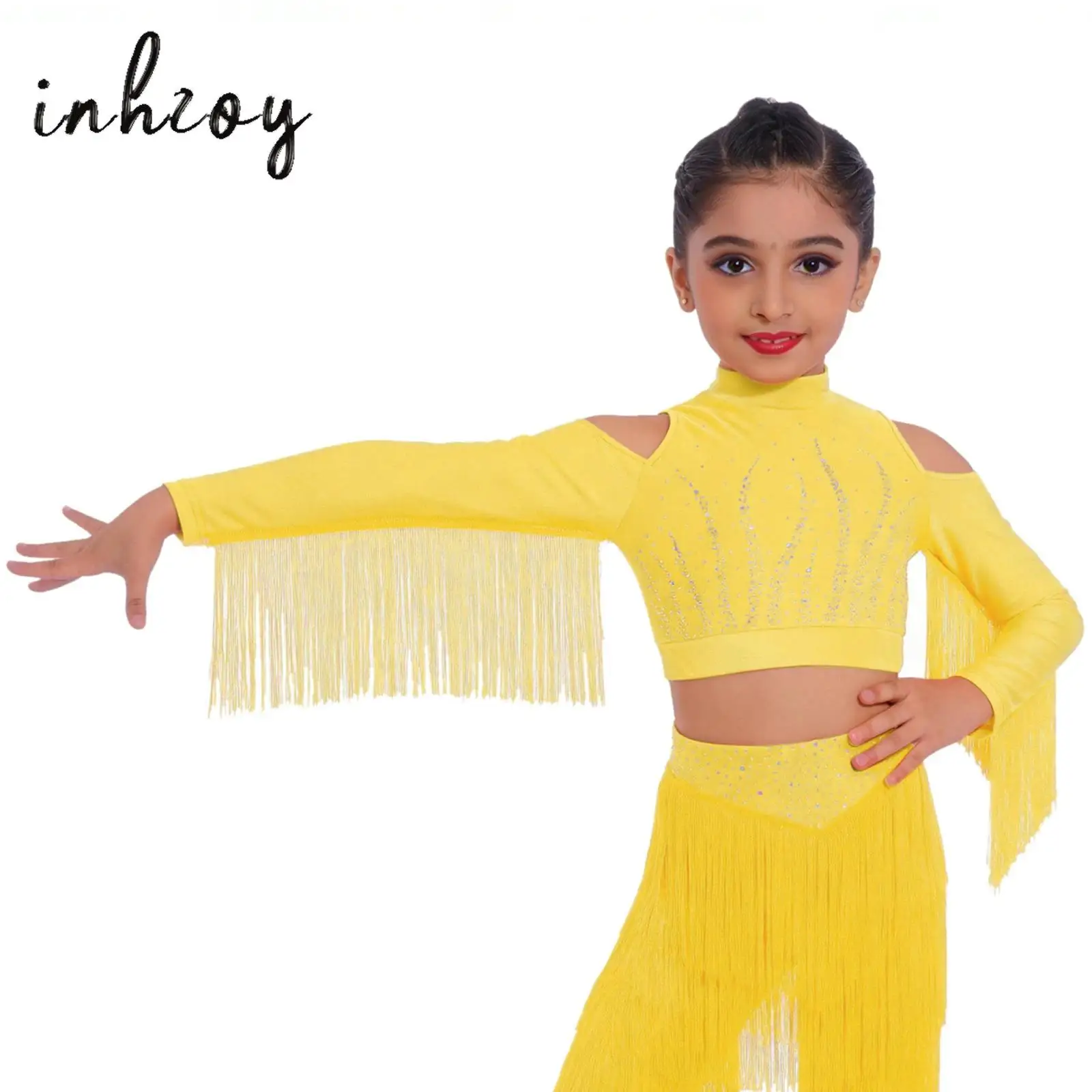 

Kids Girls Shiny Tassel T-shirts Fashion Children's Street Jazz Dance Crop Top Hip-hop Tops Short Sleeve T-shirt Costume Tees