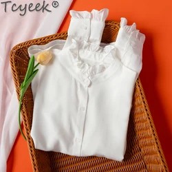 Tcyeek 100% Mulberry Silk Shirts for Women Clothes 2024 Summer Spring Long Sleeve Top Women's Elegant Shirt Camisas De Mujer