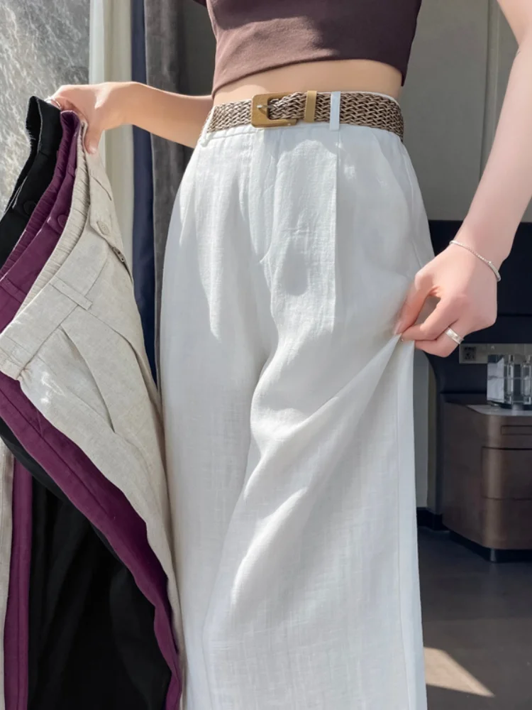 White Linen Wide Leg Pants Women's Small Size Summer New Style Casual Loose Fit  Drapery Cotton Linen Straight Leg Trou...