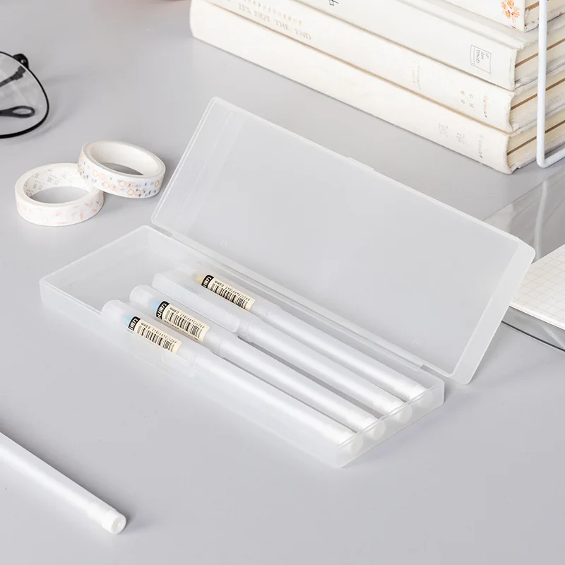 2023 Pencil Cases Pens Storage School Office Simple Matte Transparent Plastic Box Frosted White Stationery Supplies