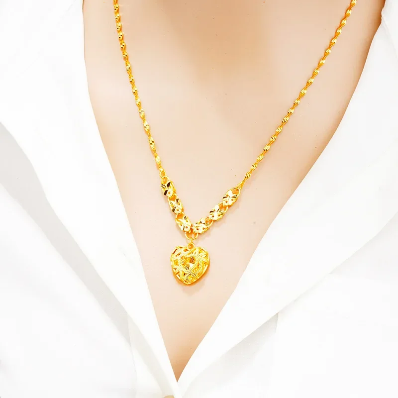 

Heart Shaped yellow Gold color Pendant Necklace for women Luxury Hollow Clavicle Chain Fade Free Wedding Anniversary Gifts