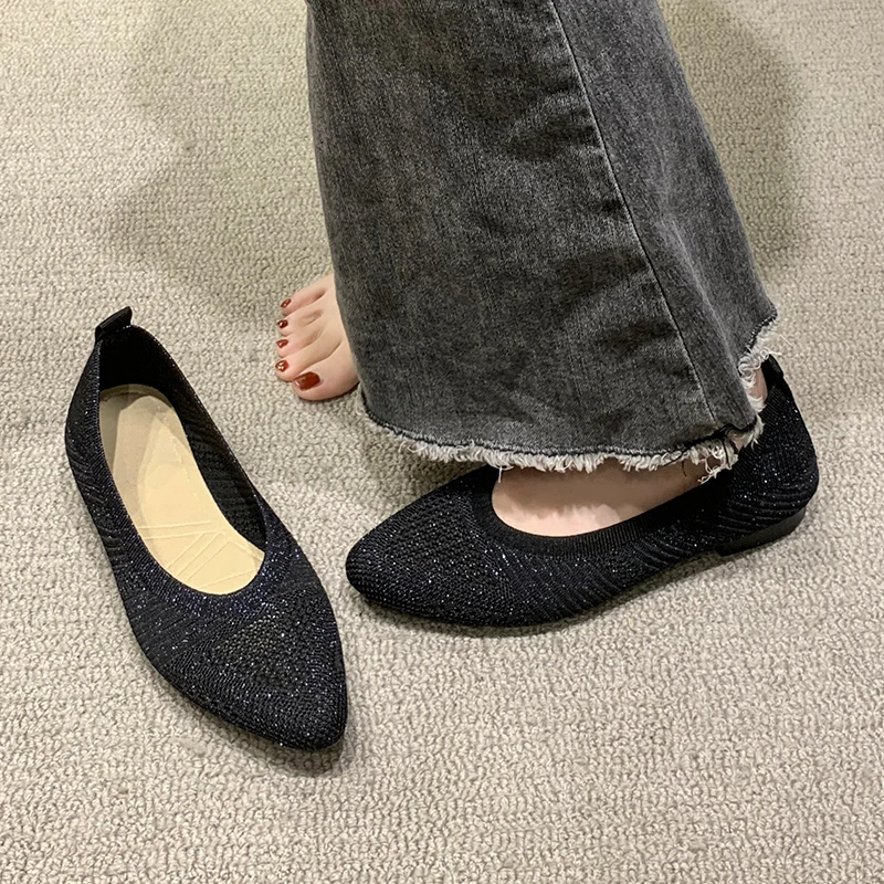 Pointed Toe Flat Shoes Women Solid Color Knitted Slip on Shoes Casual Breathable Ballet Flats Women Comfort Ladies Shoes