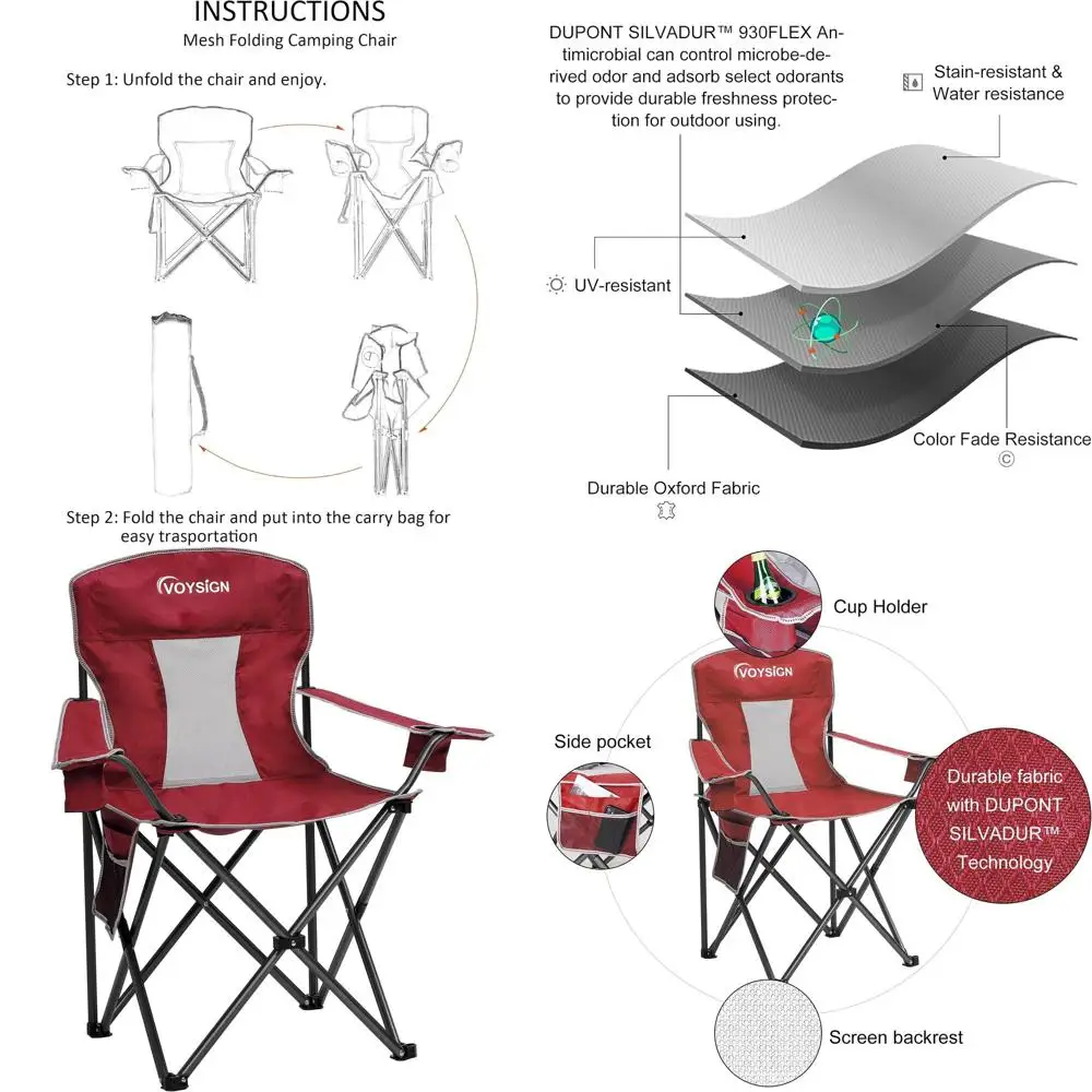 

Oversized Portable Outdoor Camping Chairs for Adults, 325 lbs Weight Capacity, Cup Holder, Storage Pocket, Carry Bag Included