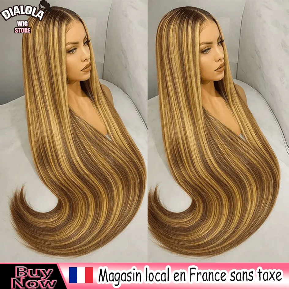 Perruque brésilienne à mèches, cheveux humains, 13x4, blond miel, lisse, perruques à dentelle frontale, colorées, 13x6, perruques à dentelle frontale complète HD pour femmes