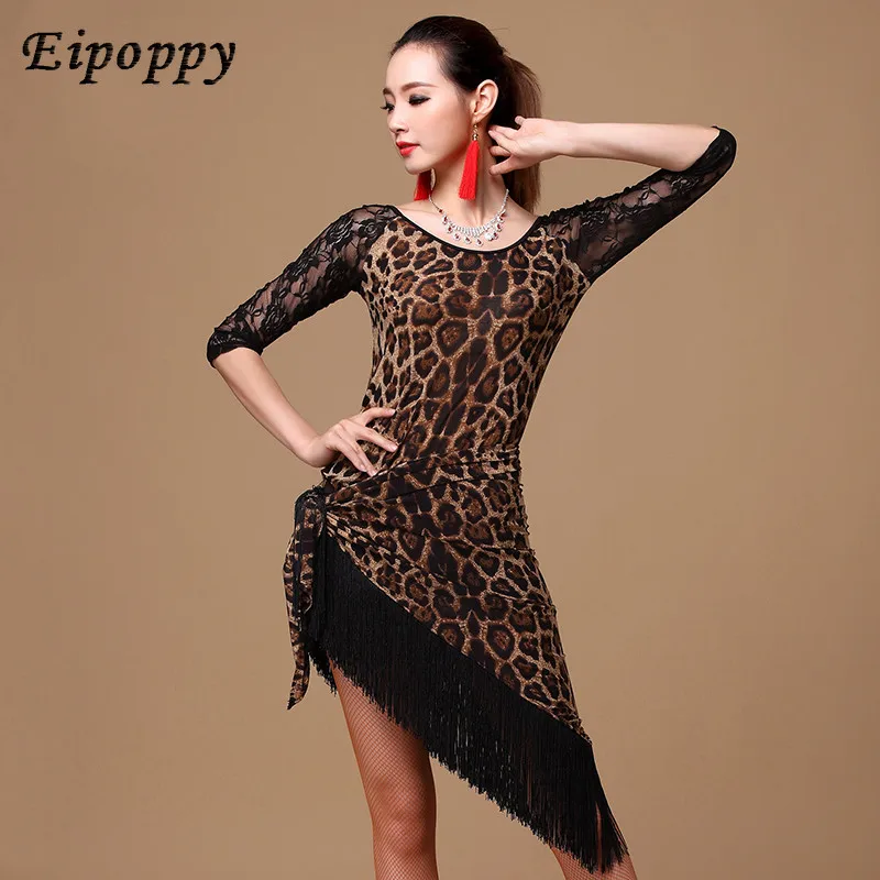 女性のための大人のラチンダンス服、半袖ヒョウスカート、フリンジコスチューム、三角形、新しいレースドレス