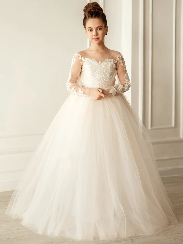 Robe de demoiselle d'honneur ivoire avec nœud, appliques florales en tulle, manches longues, mariage, anniversaire, Rhde promo, première communion, quoi que ce soit