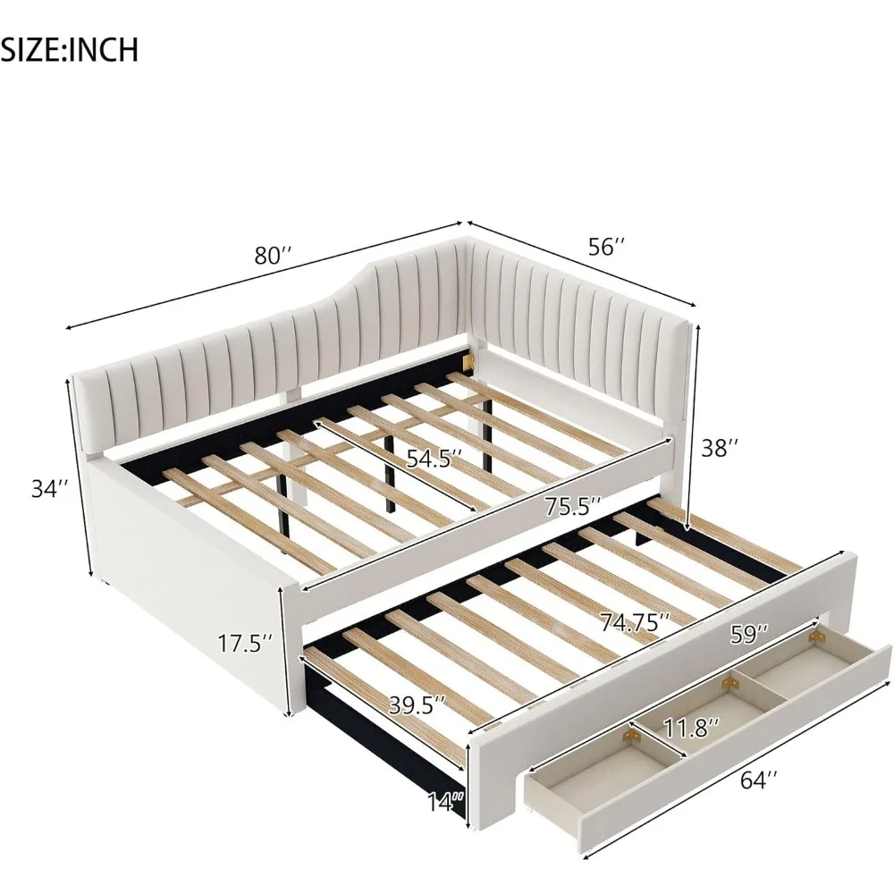 سرير نهاري منجد بالكامل من SOFTSEA مع دولاب وأدراج، سرير نهاري حديث على شكل حرف L مع مسند ظهر منحني معنقدة، زاوية من قماش الكتان